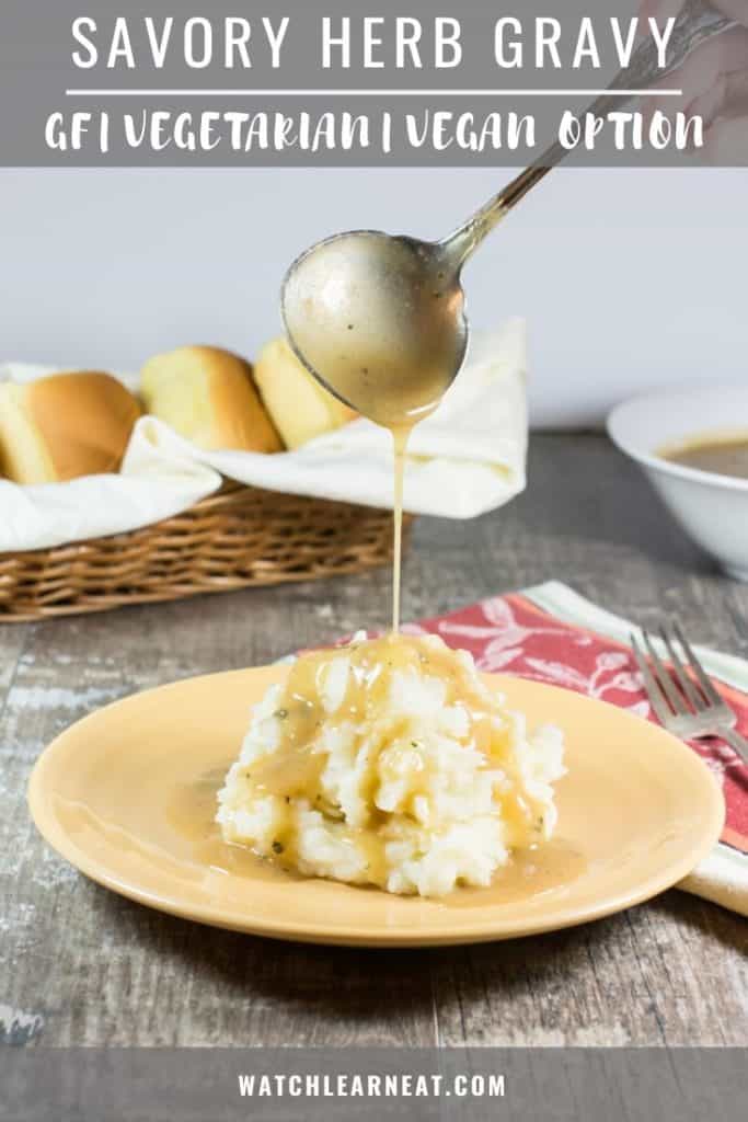 Pin showing ladle pouring gravy onto mashed potatoes on a plate