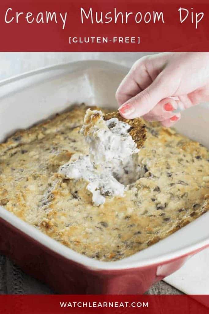 pin showing cracker being dipped into the casserole of the baked dip