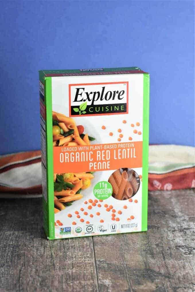 Box of Explore red lentil penne pasta