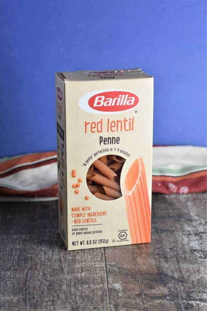 Box of Barilla red lentil penne pasta