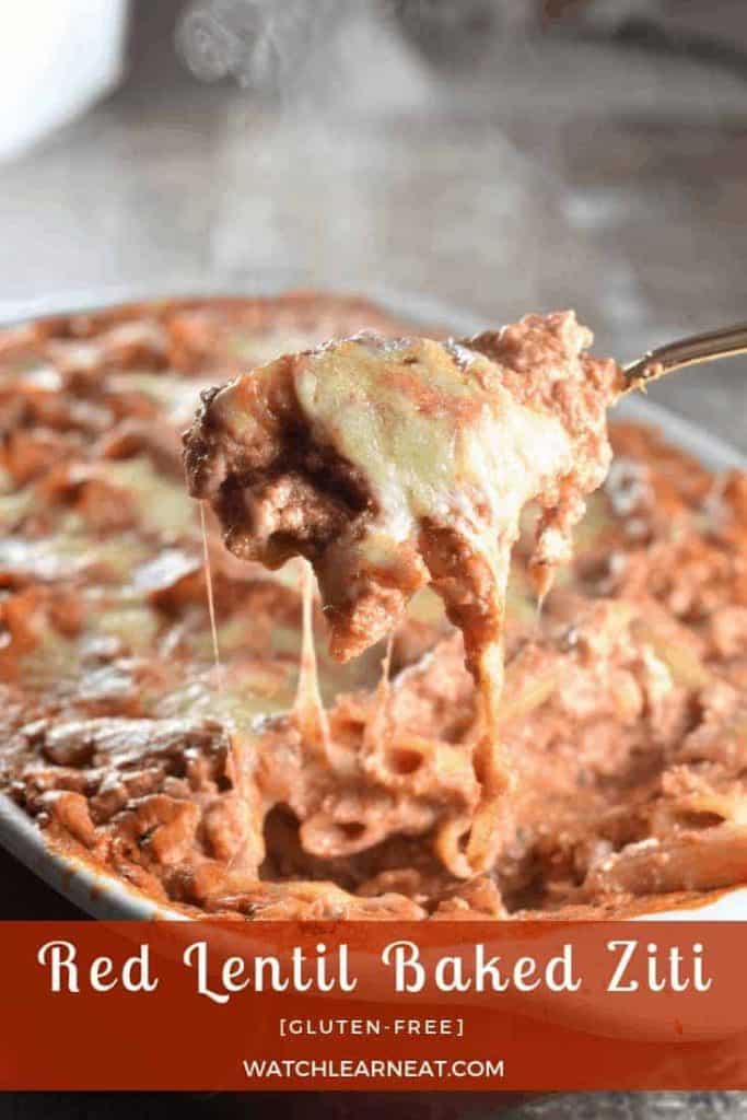 pin showing spoonful of baked ziti being pulled out of the baking dish
