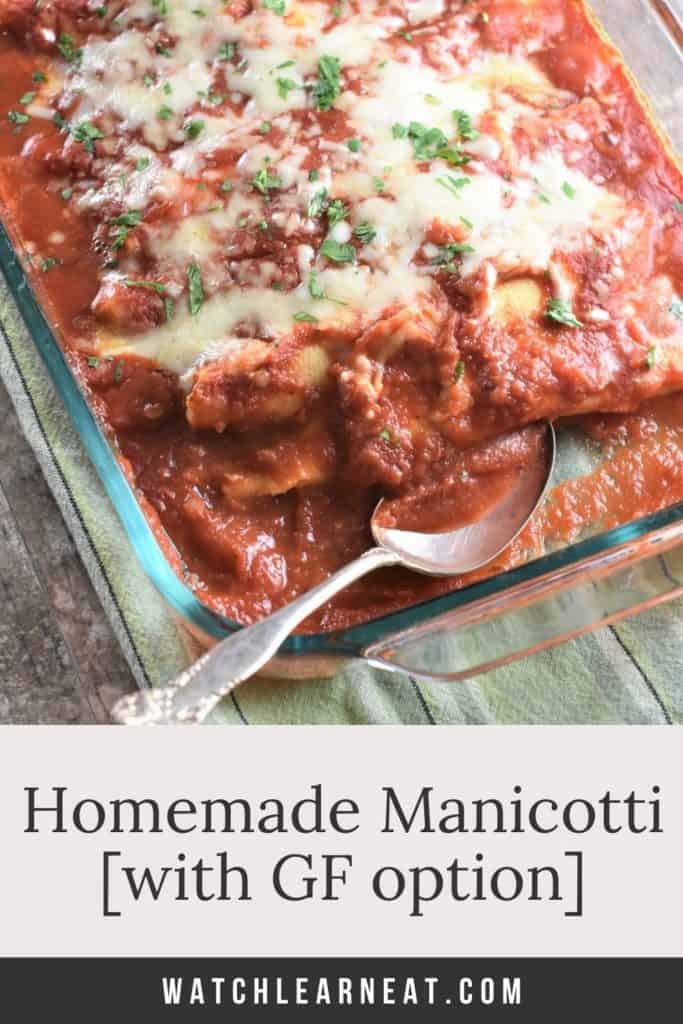 pin showing manicotti in baking dish with one missing and text title overlay
