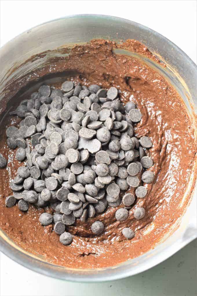Chocolate chips added to mixing bowl