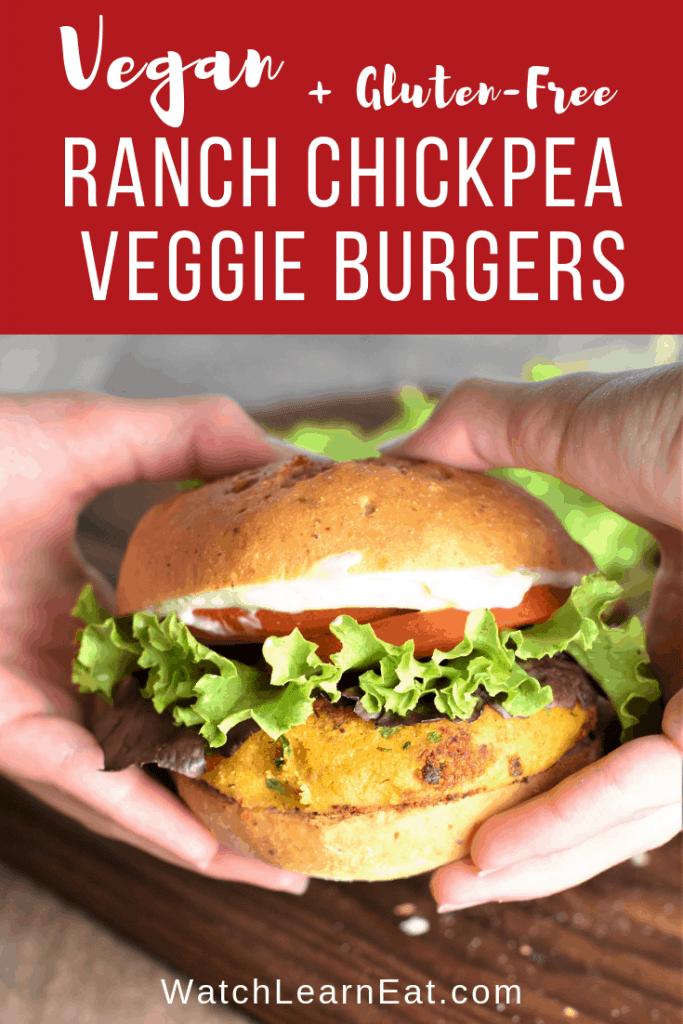pin showing hands holding a ranch veggie burger with text overlay