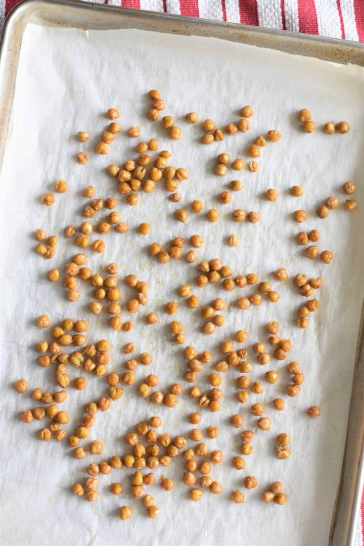 Chickpeas after being roasted on the baking sheet