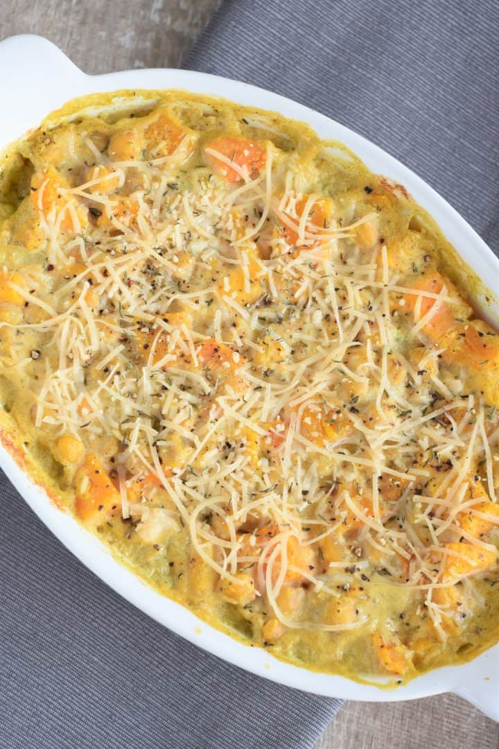 Overhead view of baked Vegan Casserole with Chickpeas and Butternut Squash