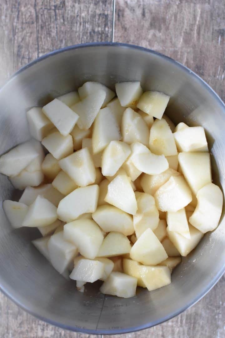 pear chunks in a mixing bowl