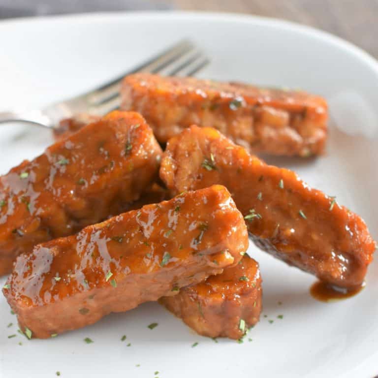 Maple Dijon Baked Tempeh in a white plate