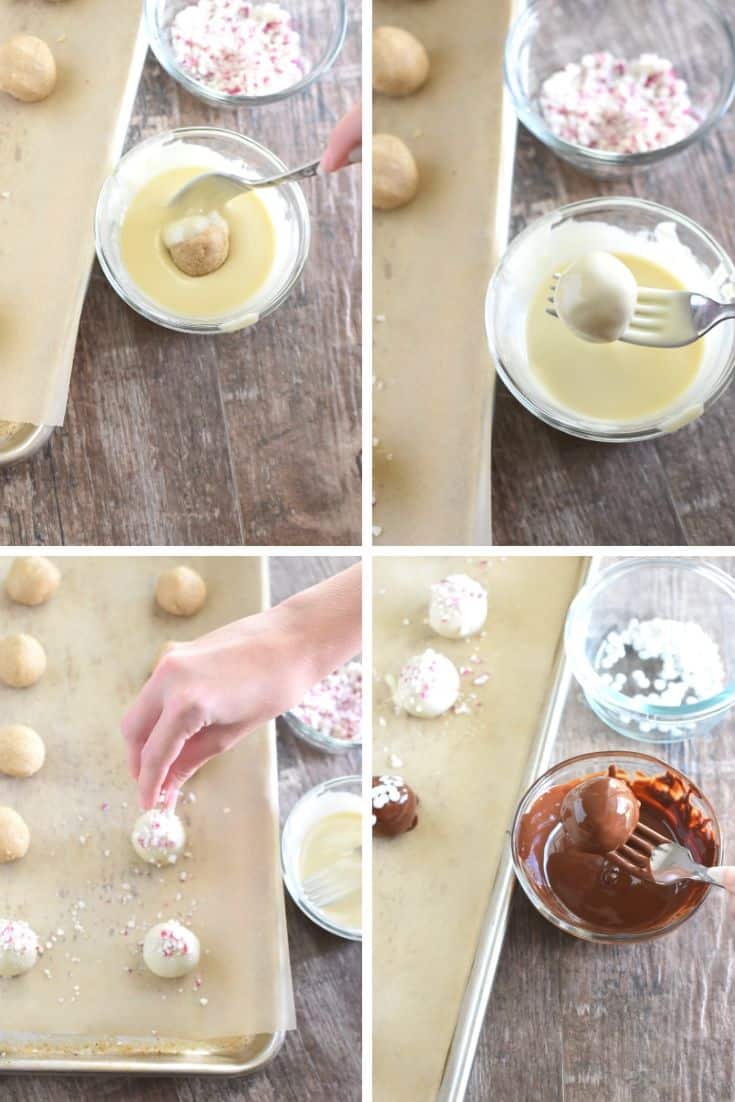 collage of how to dip the dough balls into the chocolate and sprinkle with toppings