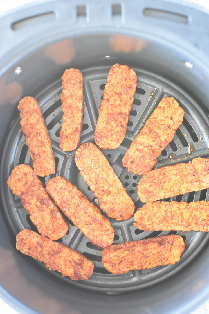 Tempeh strips placed in the air fryer