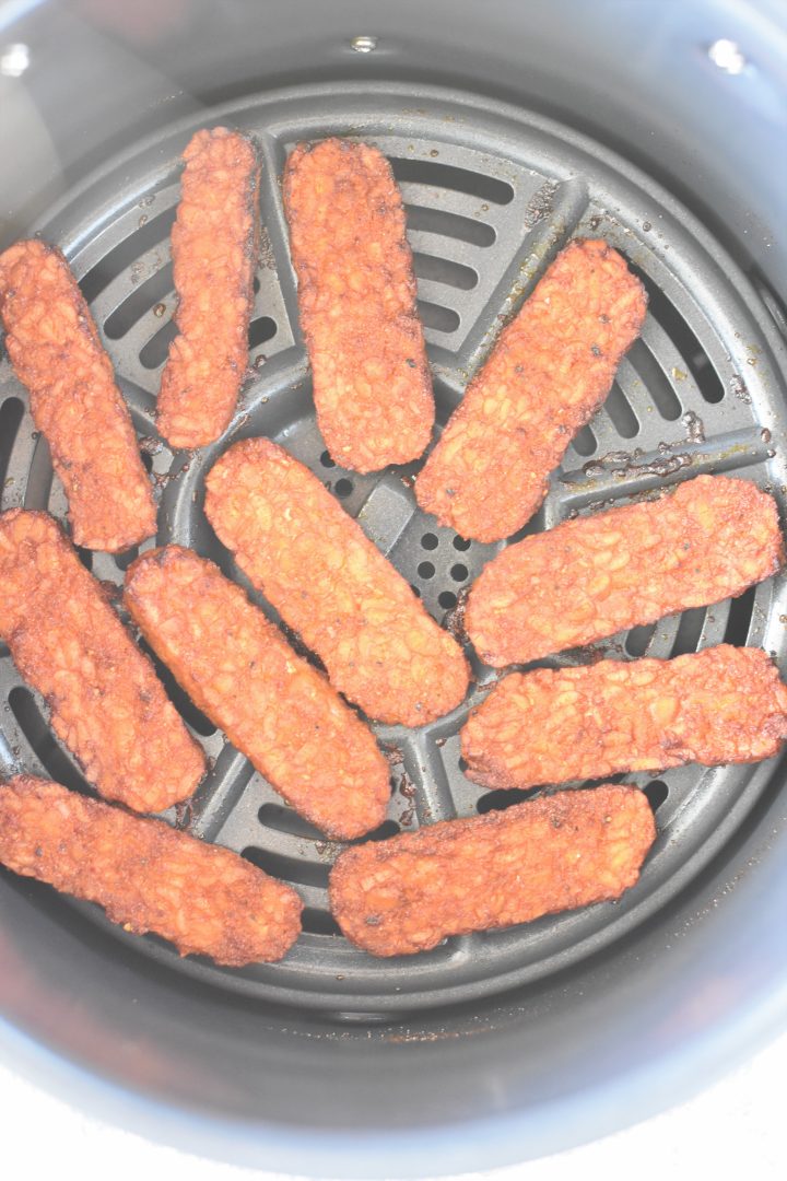 Cooked tempeh strips in air fryer