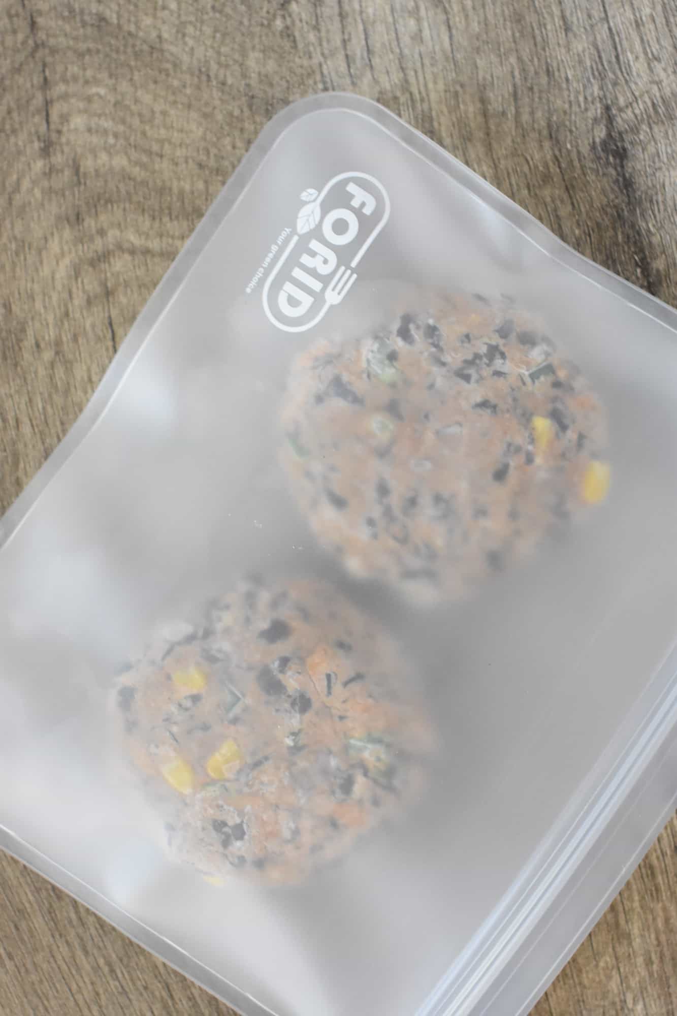 Formed frozen burger patties in a freezer bag for future use