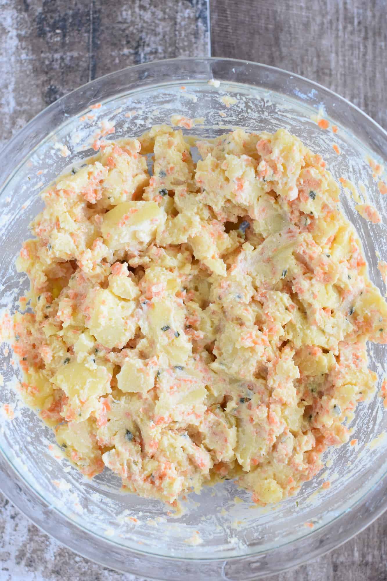 potato salad in mixing bowl