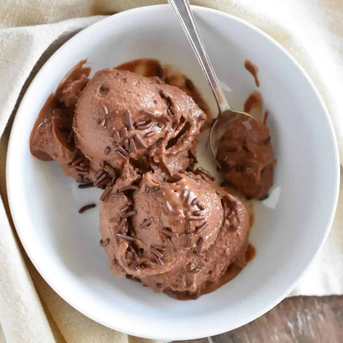 two scoops chocolate nice cream with chocolate sprinkles in a white bowl with a spoon on the side