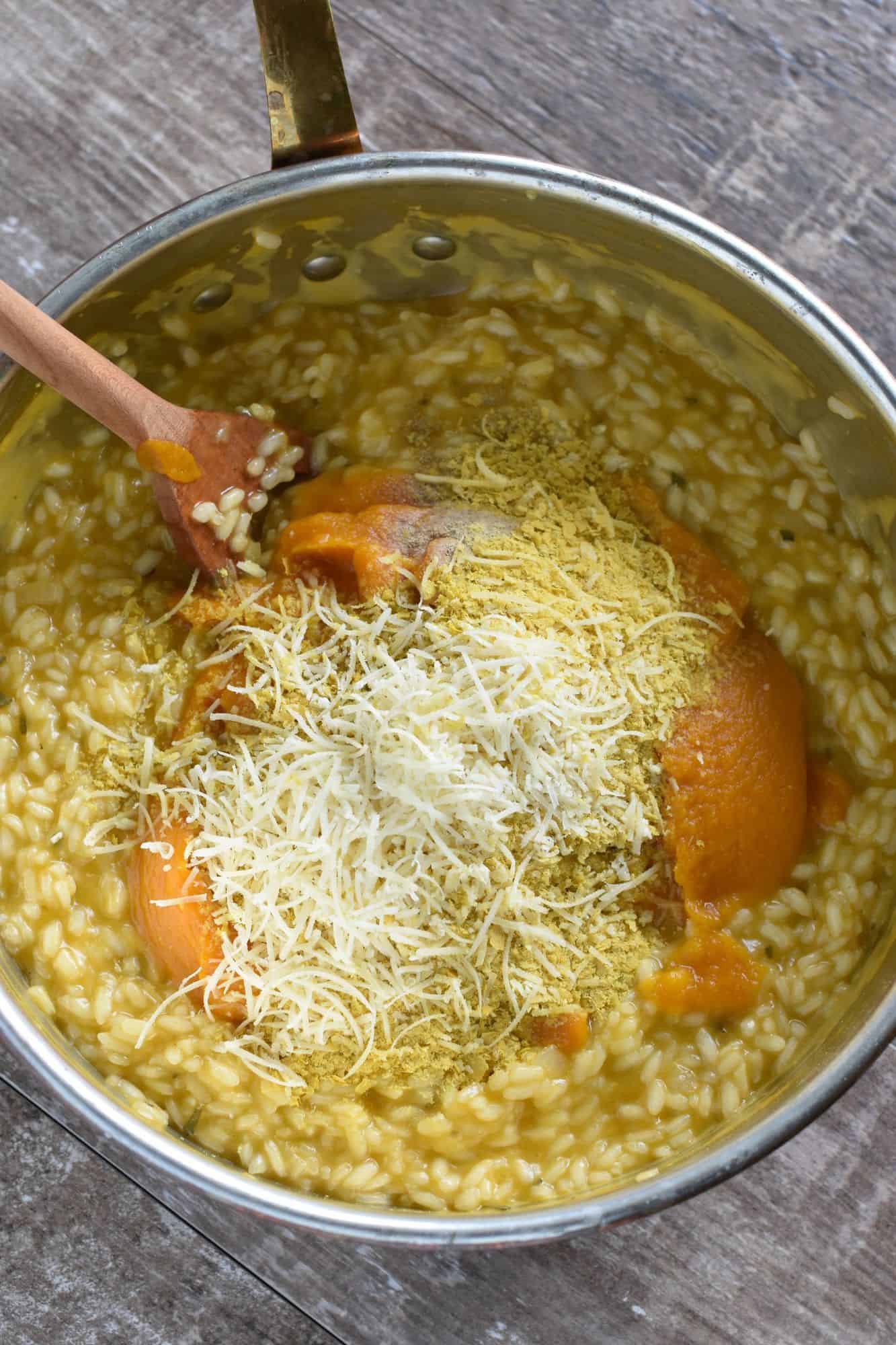 Pumpkin puree, vegan Parmesan, nutritional yeast, nutmeg and white pepper added to the risotto