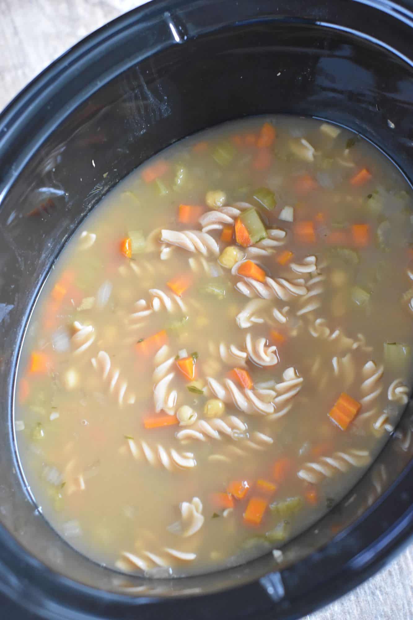 soup after cooking in slow cooker with gluten-free pasta added