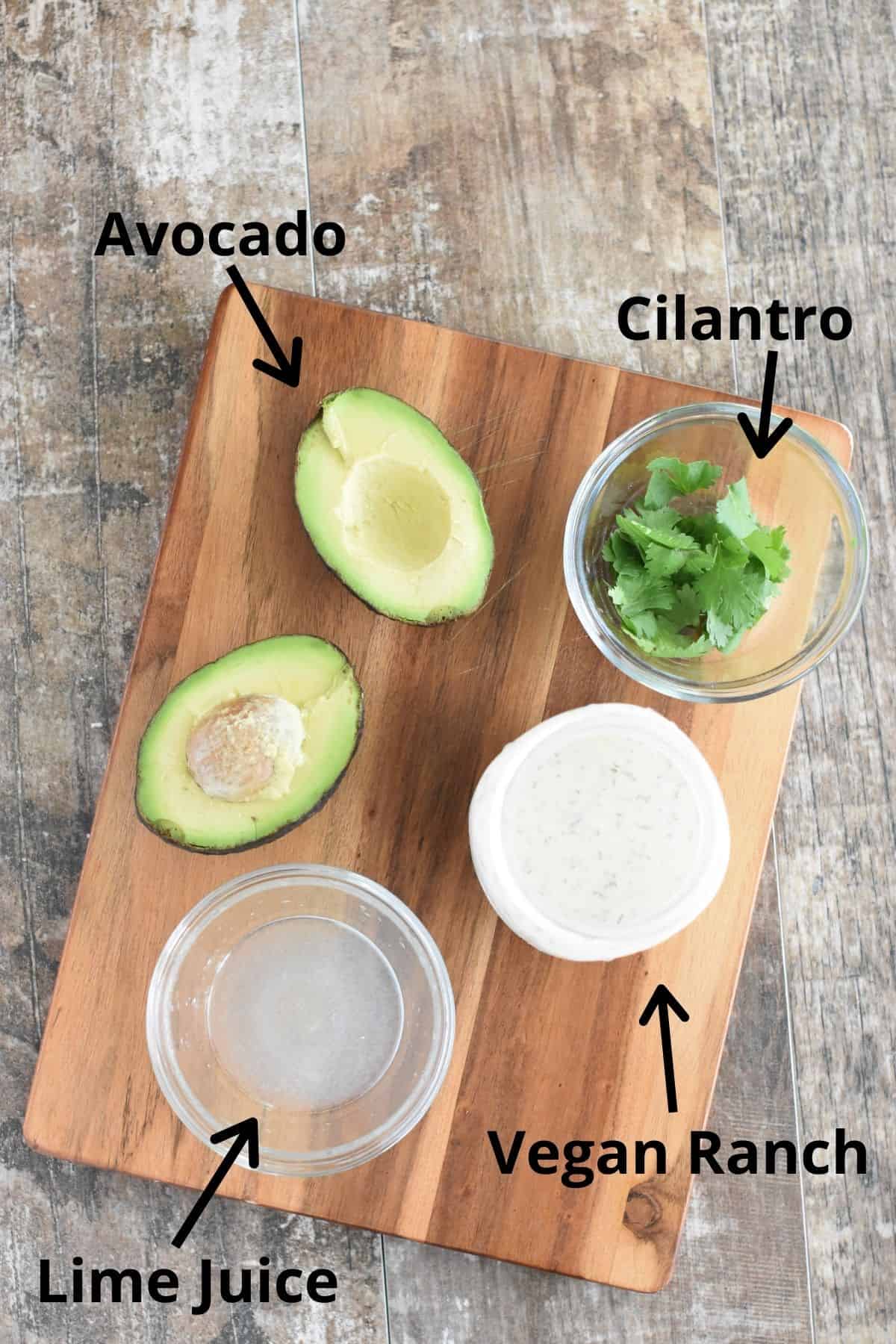 ingredients on wooden board and labeled 