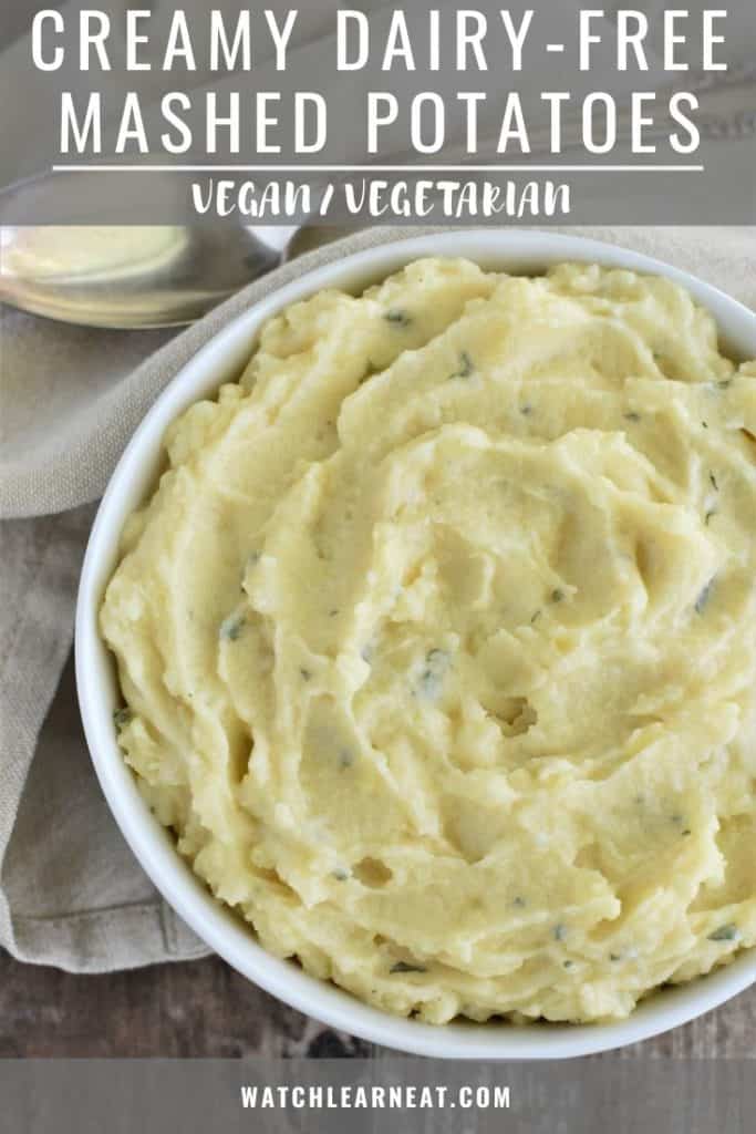 pin showing overhead of mashed potatoes in a white bowl