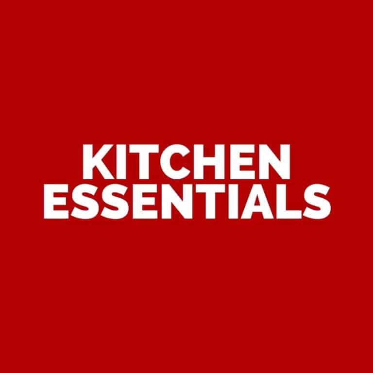 red box with the words kitchen essentials written in white text