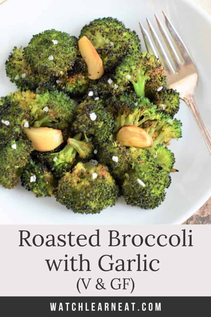 pin showing broccoli on a white plate with a fork