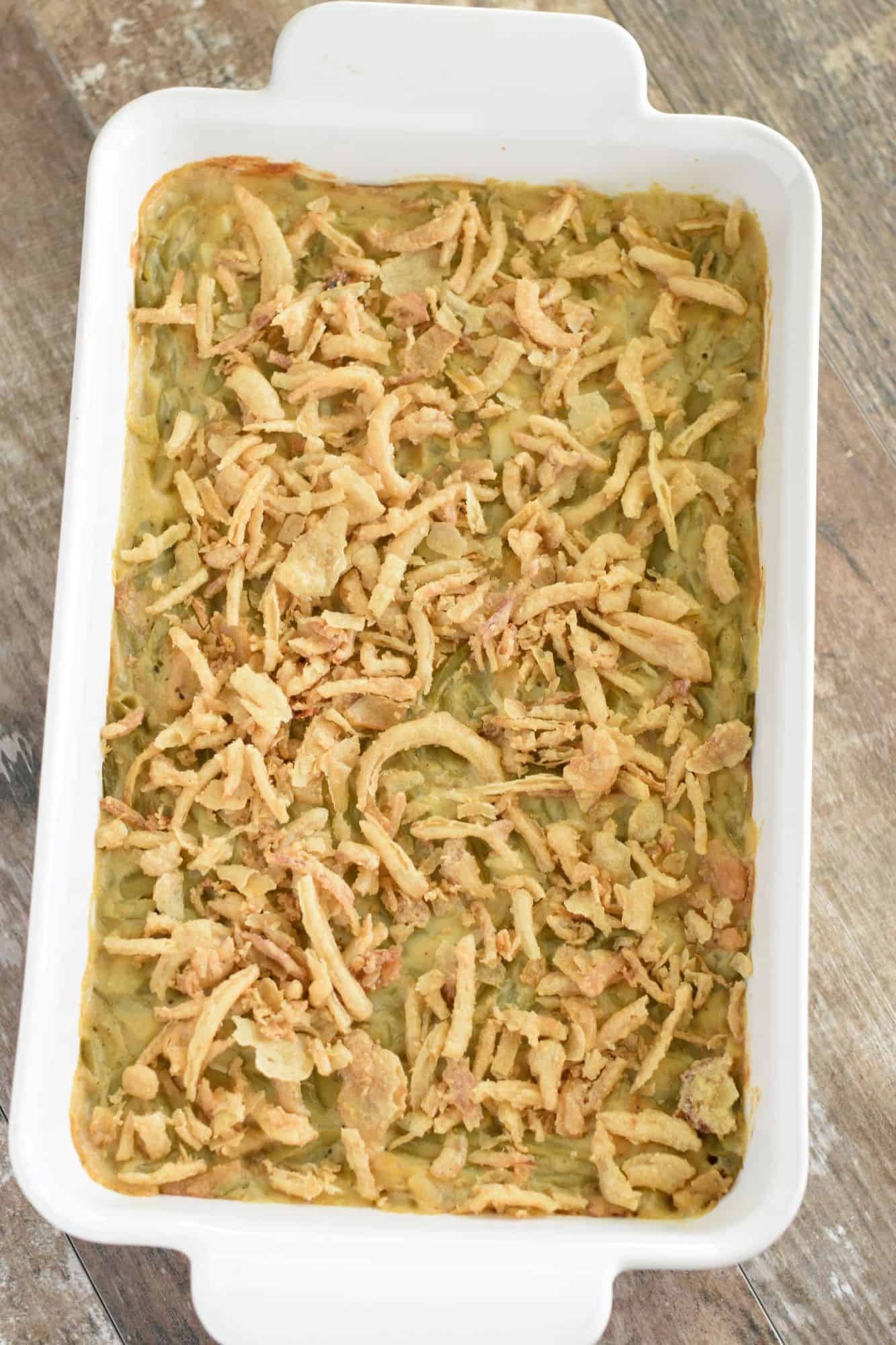 crispy onions added to baked casserole
