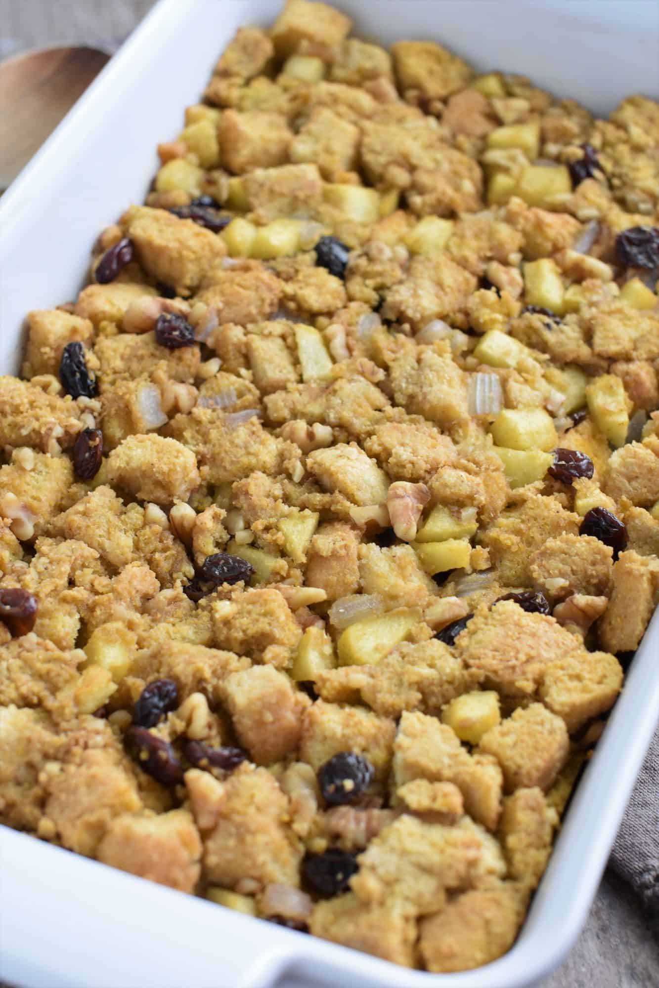 front view of stuffing in casserole dish
