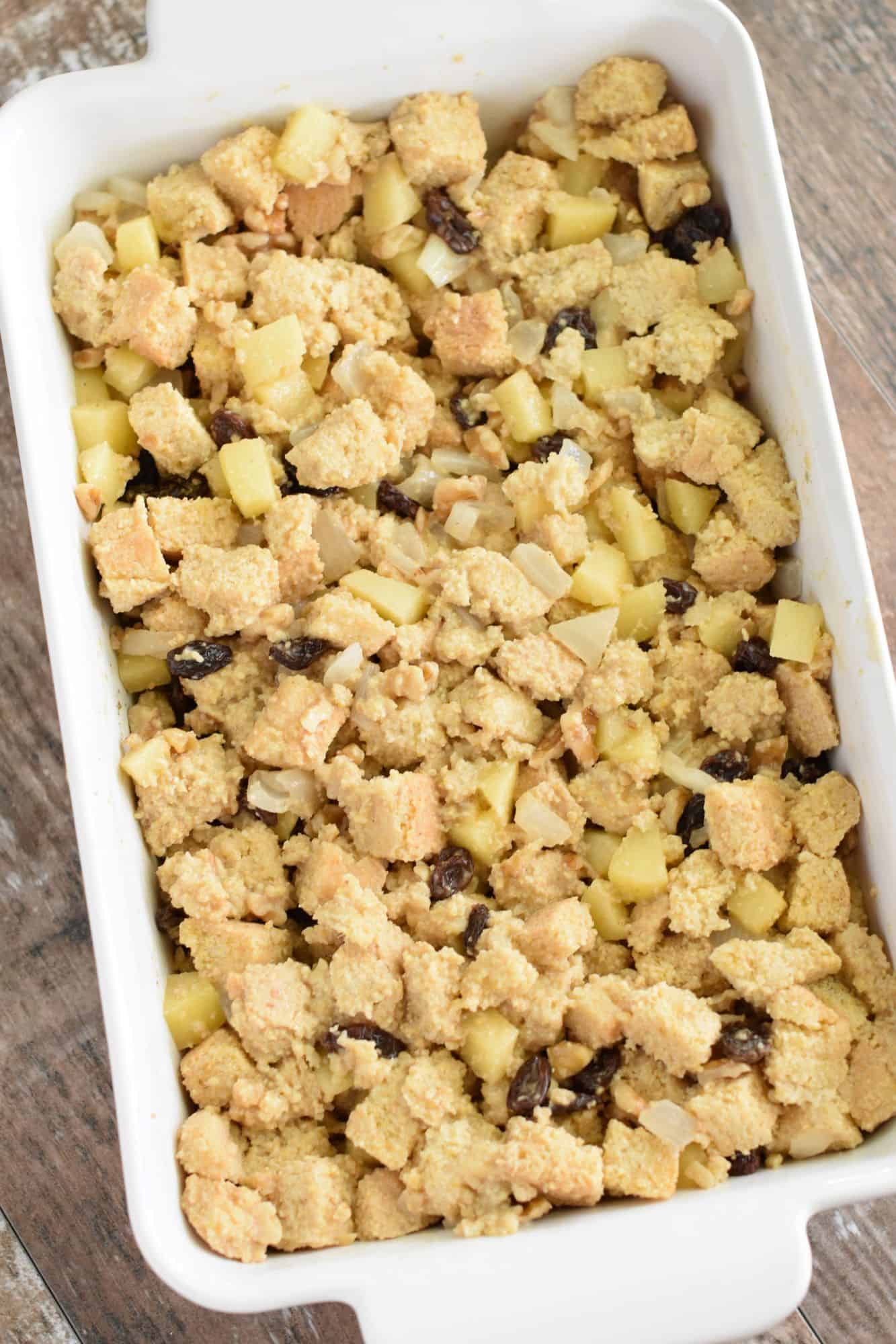 stuffing ingredients combined in casserole dish