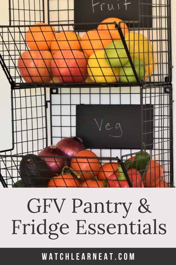 pin showing fruits and vegetables in hanging wire rack with post title text