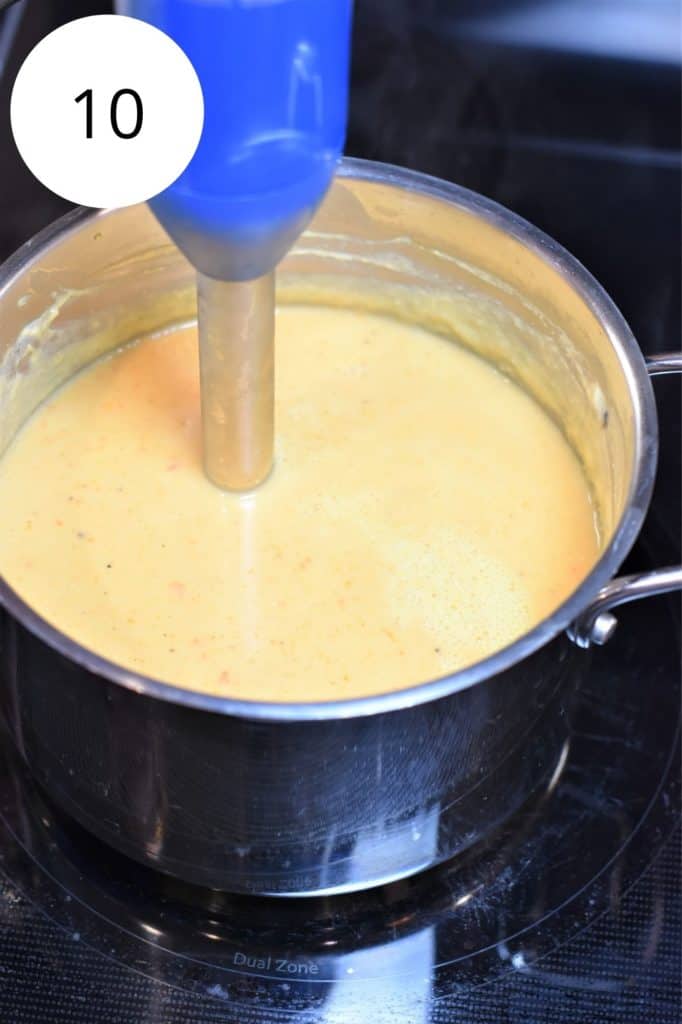 using immersion blender to blend the soup mixture