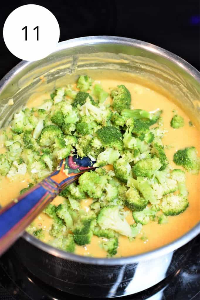 broccoli florets added to soup mixture