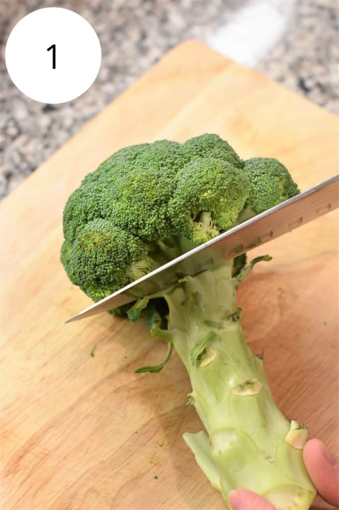 cutting broccoli head off of the stem