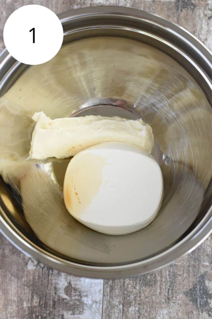 vegan butter, vegan cream cheese and vanilla in mixing bowl before whipping