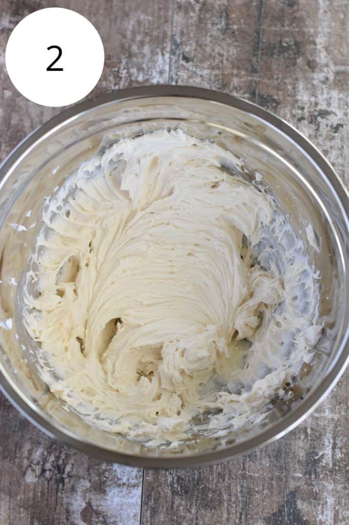 vegan butter, vegan cream cheese and vanilla whipped in mixing bowl