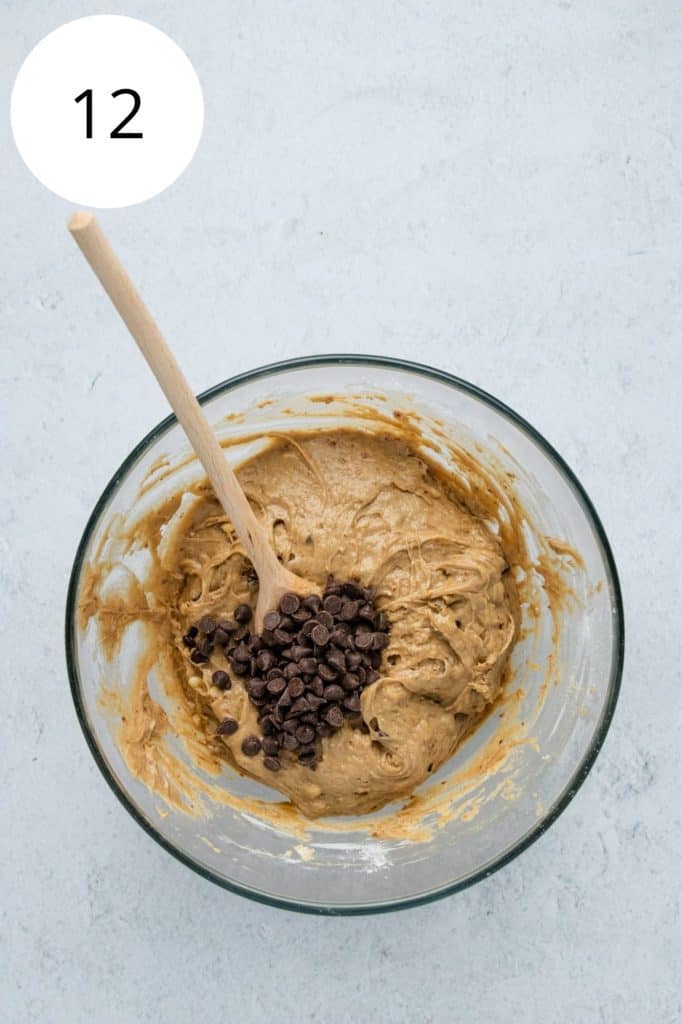 chocolate chips added to the dough in the mixing bowl