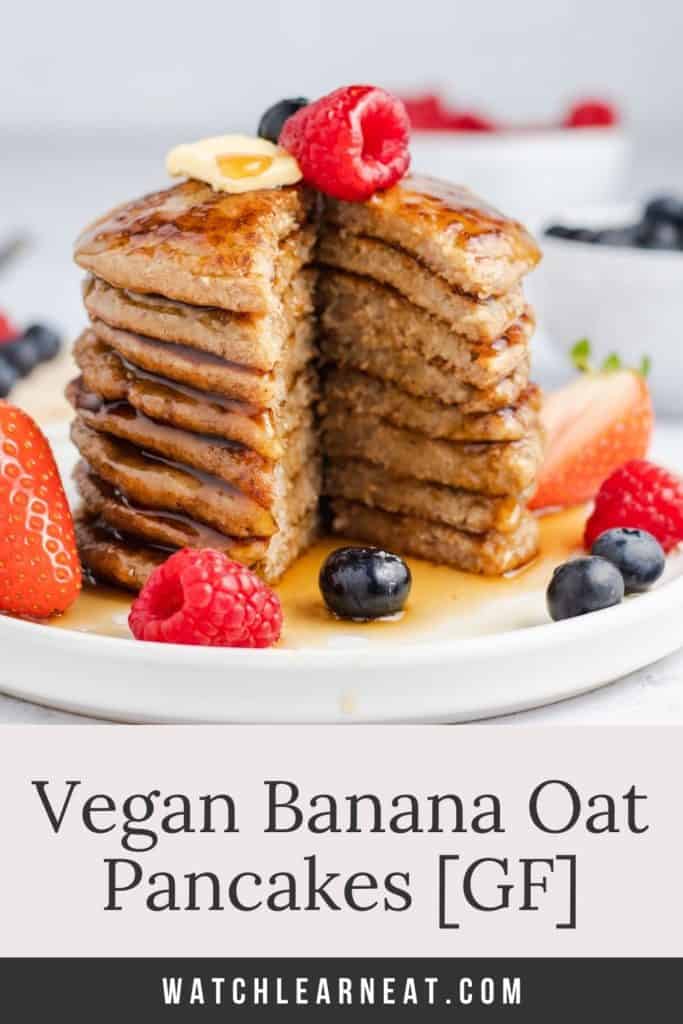 pin showing stack of pancakes with syrup, vegan butter and fruit with text title overlay