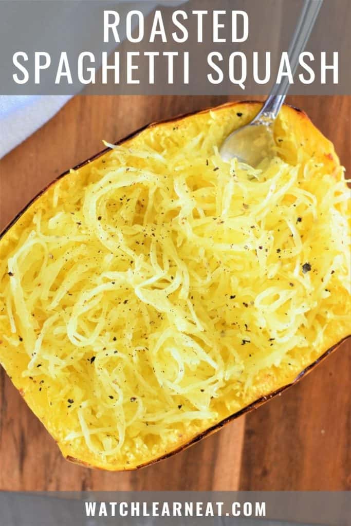 pin showing overhead of spaghetti squash with fork in it and text title overlay