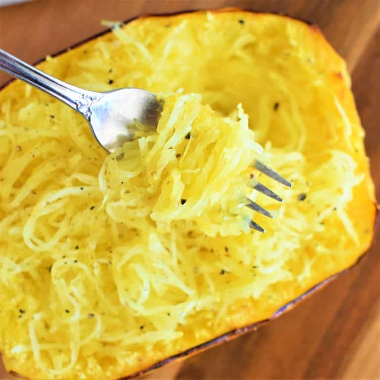 close-up of forkful of spaghetti squash strands