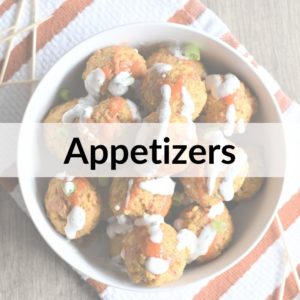 photo of Buffalo chickpea meatballs with text title overlay Appetizers