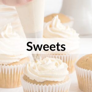 photo of icing a cupcake with text title overlay Sweets