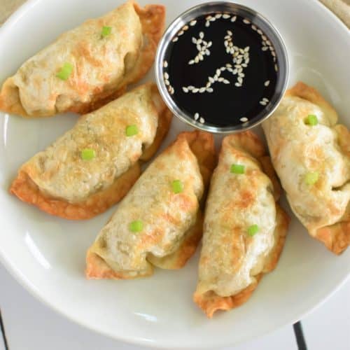 overhead of vegetable potstickers on white plate garnished with scallions and side of tamari
