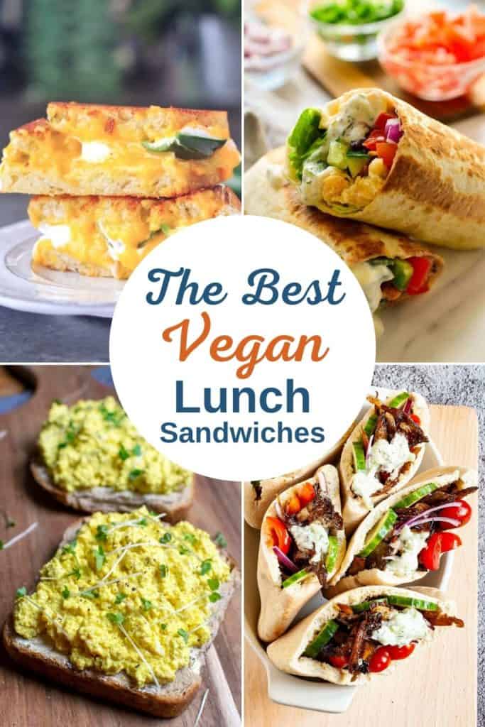 collage of 4 of the recipes from the roundup with text title overlay: the best vegan lunch sandwiches
