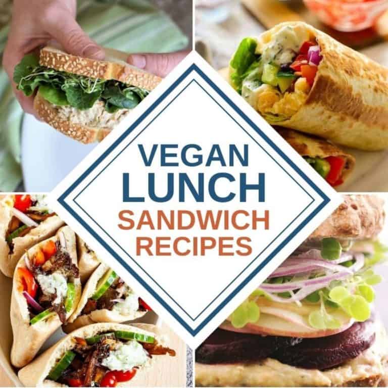 collage of 4 of the vegan sandwiches from the roundup with text title overlay: vegan lunch sandwich recipes