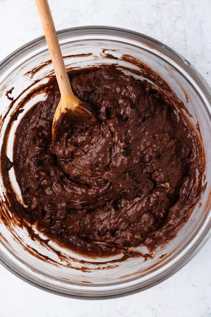 brownie batter after mixing in chocolate chips