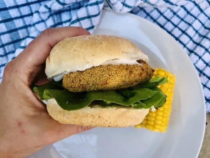 hand holding vegan chicken sandwich on a bun with lettuce and vegan mayo