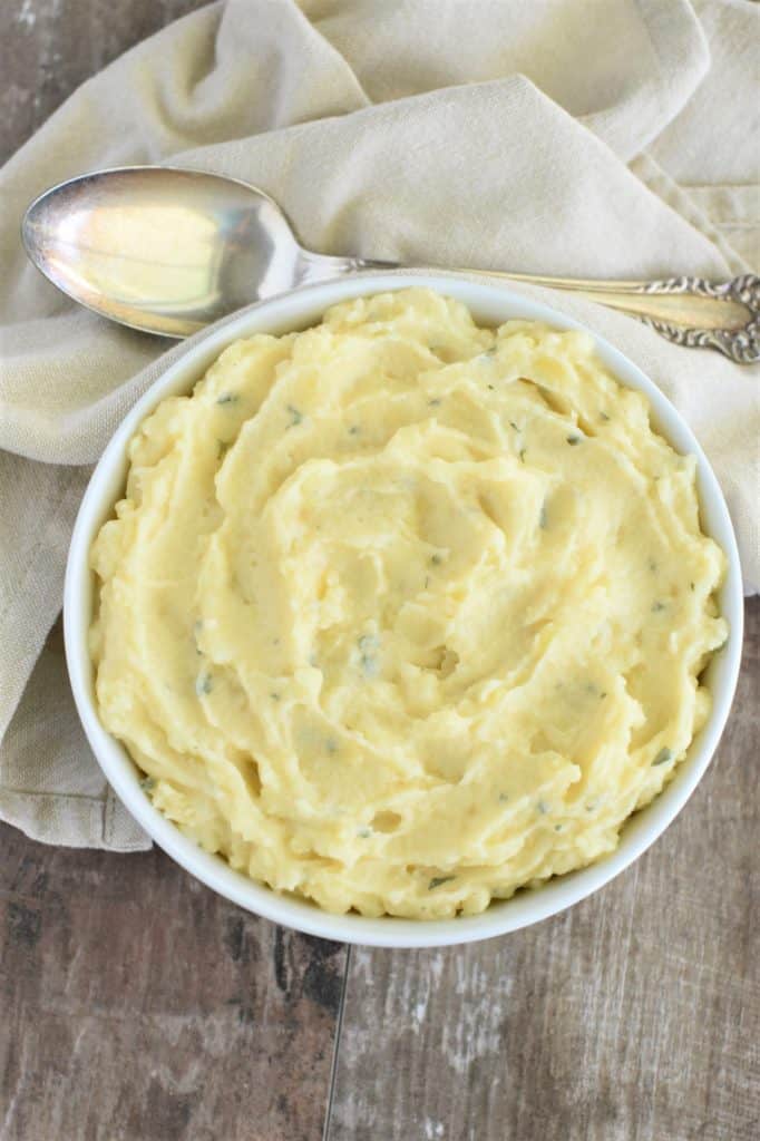 overhead of dairy free mashed potatoes in a white bowl