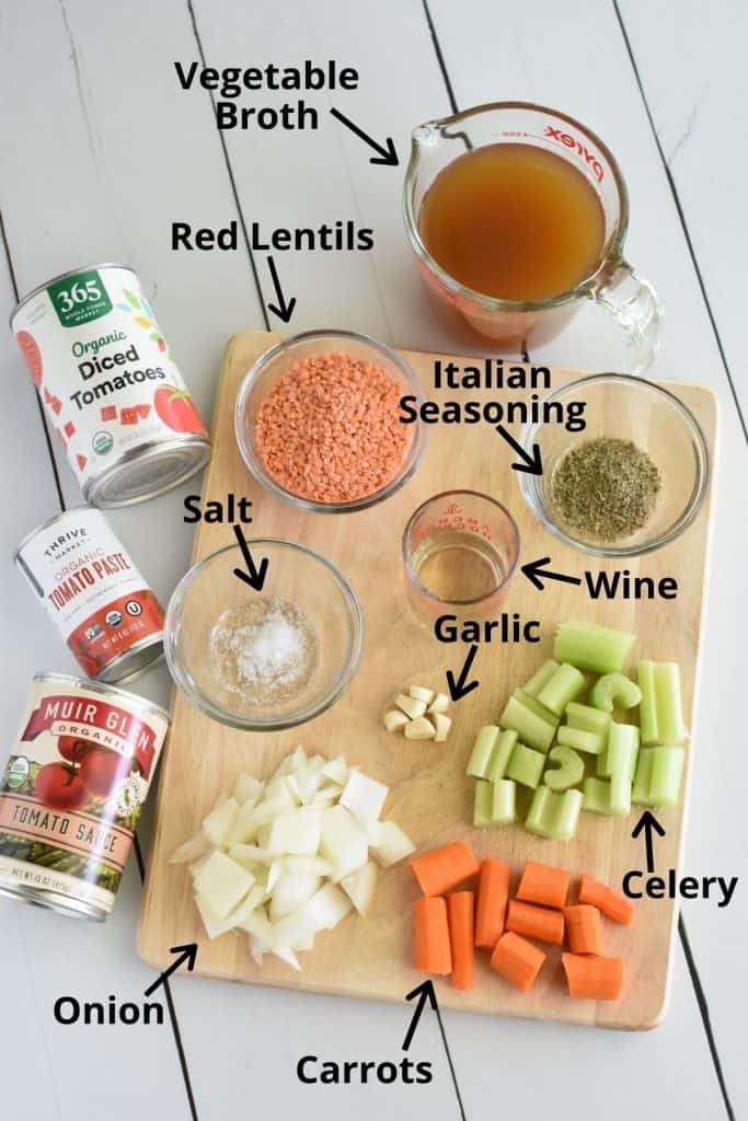 ingredients for vegan bolognese with labels