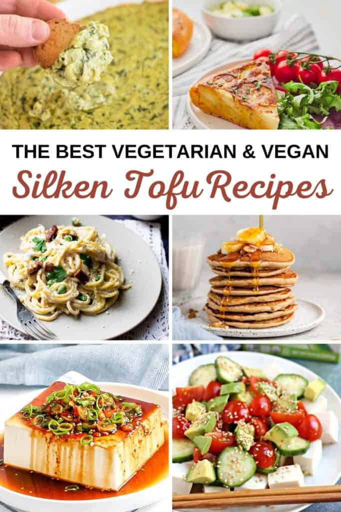 collage showing 6 silken tofu recipes from the roundup with text title overlay