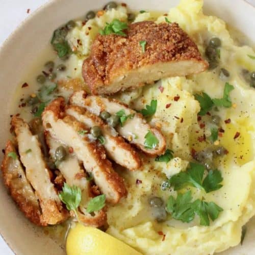 overhead of vegan chicken with mashed potatoes in bowl