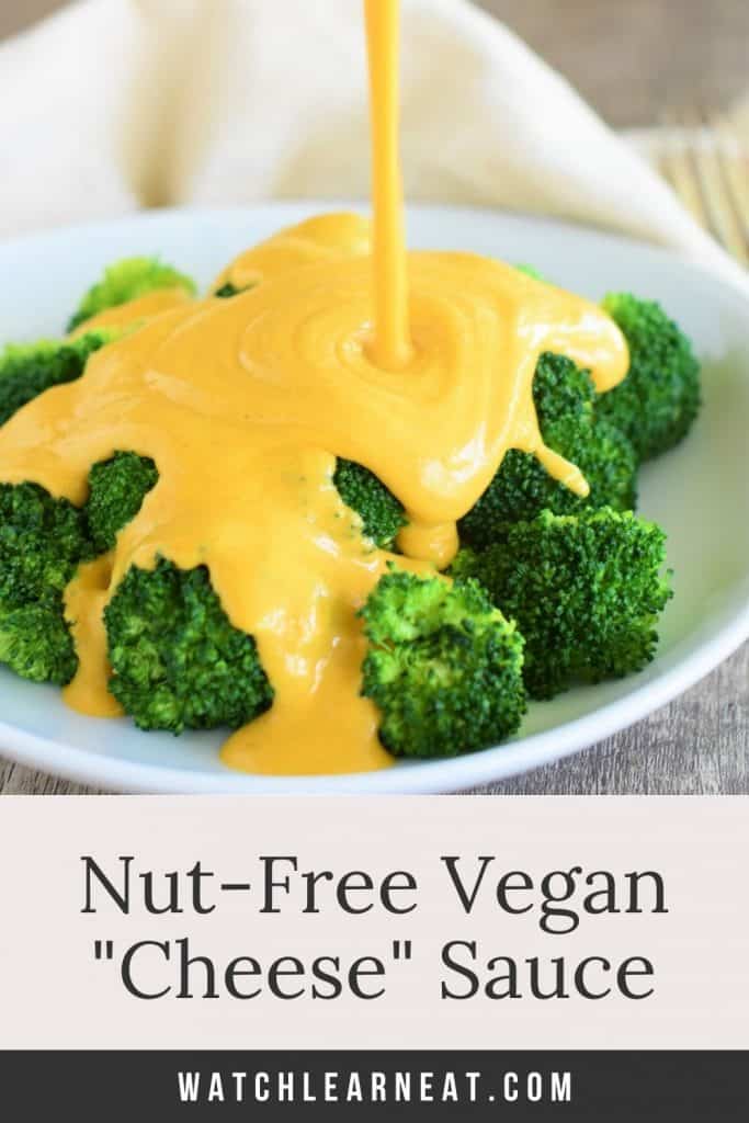 pouring cheese sauce onto a plate of broccoli with text overlay