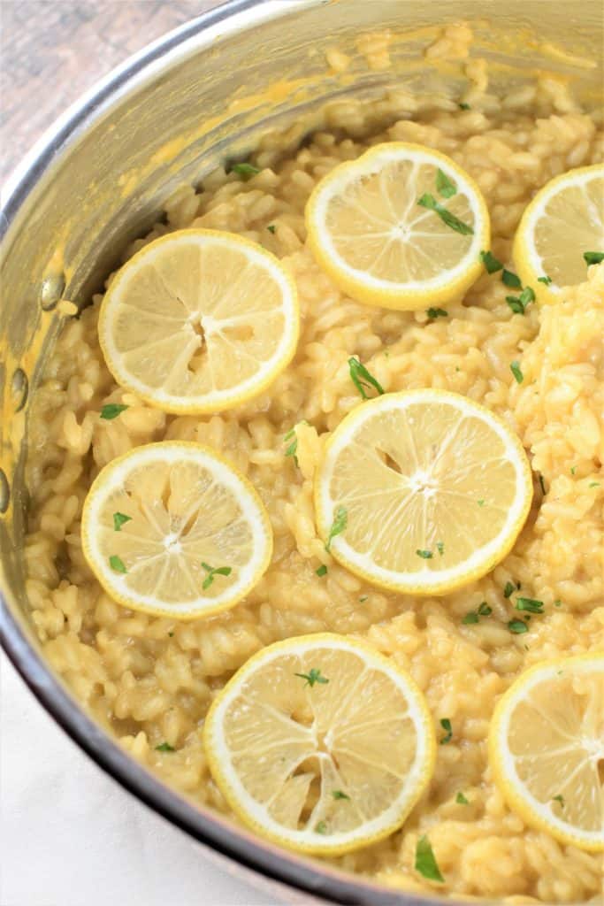 close-up of lemon risotto in the pan partially cut off on the right side